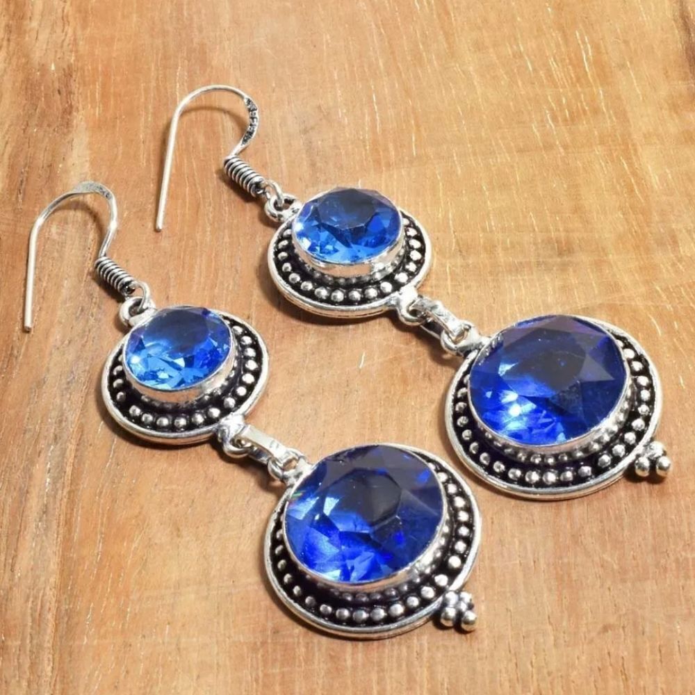 Blue Topaz Handmade Drop Dangle Earrings Jewelry 2.4"